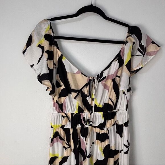 Nine West Cream & Black Floral Asían Print Maxi Dress L Milkmaid Prairie‎ Boho - Picture 12 of 14